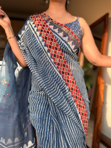 Best Seller Indigo -Embroidered pallu & patchwork inner border- kota doria saree