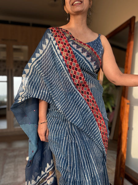 Best Seller Indigo -Embroidered pallu & patchwork inner border- kota doria saree
