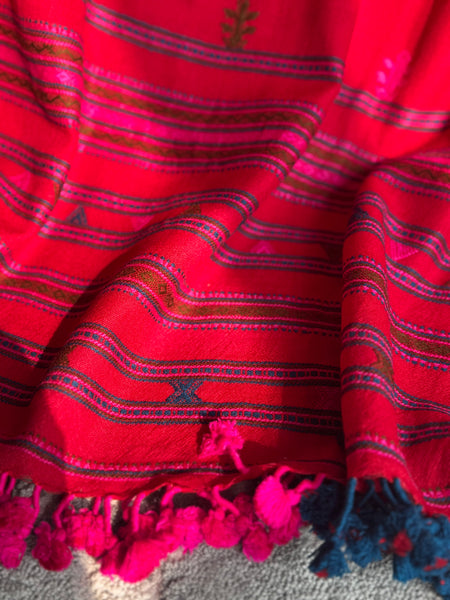 Red - Kutch Bhujodi Handwoven Merino Wool Shawl, Very Soft