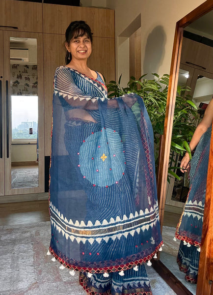 Best Seller Indigo -Embroidered pallu & patchwork inner border- kota doria saree