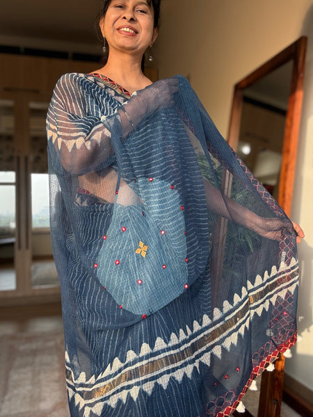Best Seller Indigo -Embroidered pallu & patchwork inner border- kota doria saree