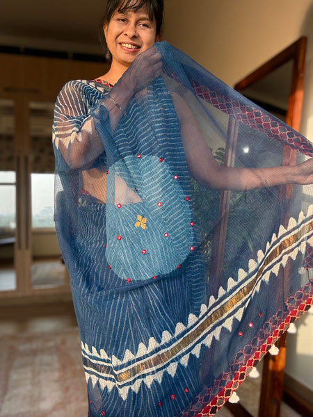Best Seller Indigo -Embroidered pallu & patchwork inner border- kota doria saree