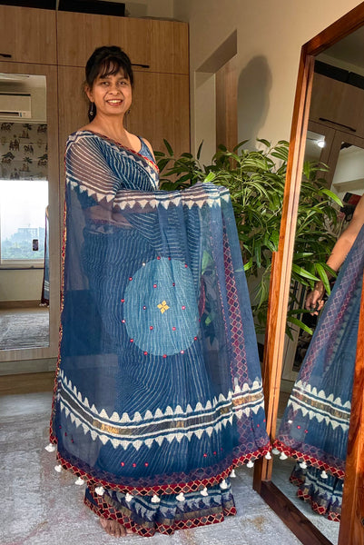 Best Seller Indigo -Embroidered pallu & patchwork inner border- kota doria saree