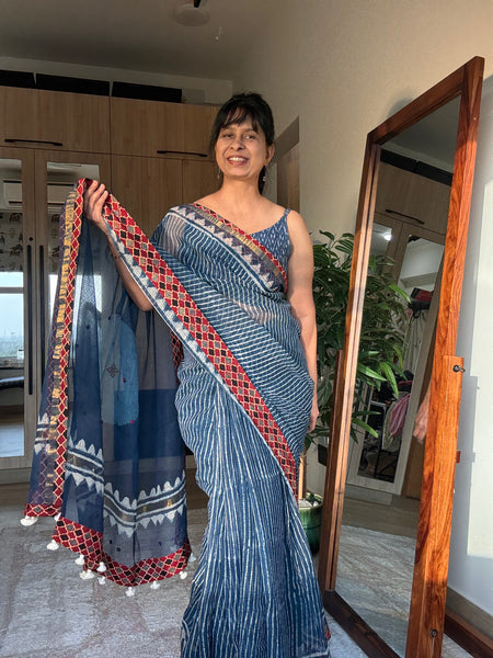 Best Seller Indigo -Embroidered pallu & patchwork inner border- kota doria saree