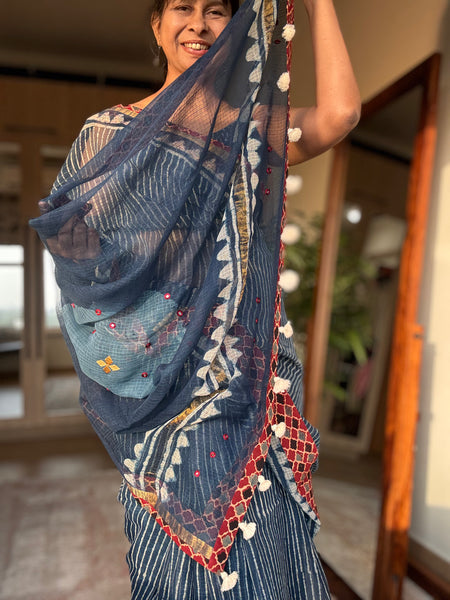 Best Seller Indigo -Embroidered pallu & patchwork inner border- kota doria saree