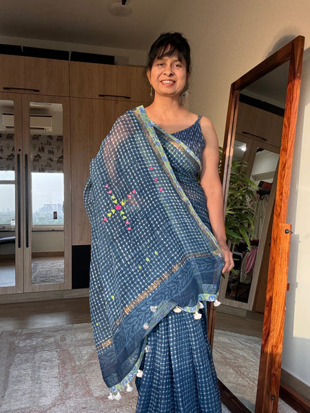 Best Seller Indigo -Embroidered pallu & patchwork inner border- kota doria saree