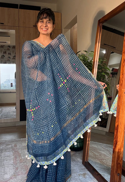Best Seller Indigo -Embroidered pallu & patchwork inner border- kota doria saree