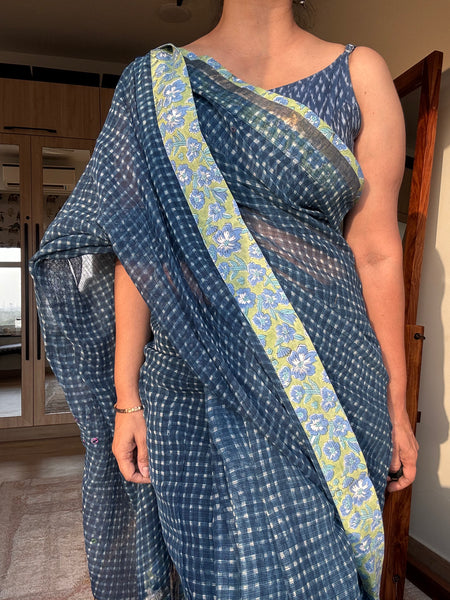 Best Seller Indigo -Embroidered pallu & patchwork inner border- kota doria saree
