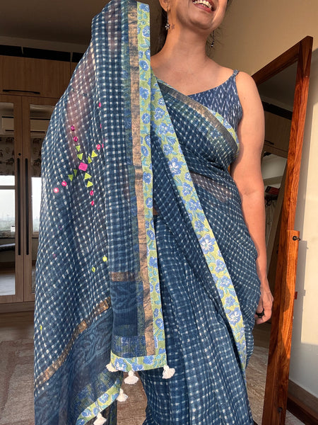 Best Seller Indigo -Embroidered pallu & patchwork inner border- kota doria saree