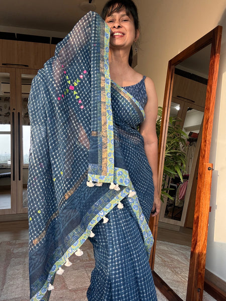 Best Seller Indigo -Embroidered pallu & patchwork inner border- kota doria saree