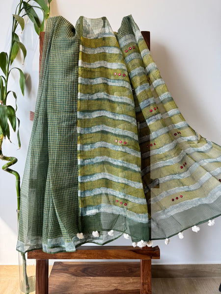 Embroidered pallu - Green kota Doria Saree