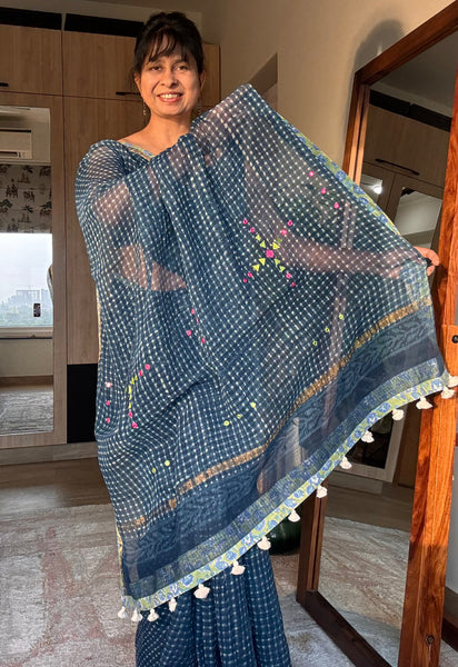 Best Seller Indigo -Embroidered pallu & patchwork inner border- kota doria saree