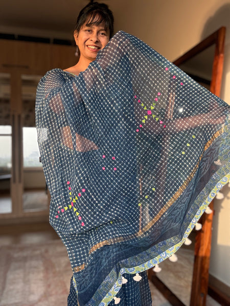 Best Seller Indigo -Embroidered pallu & patchwork inner border- kota doria saree