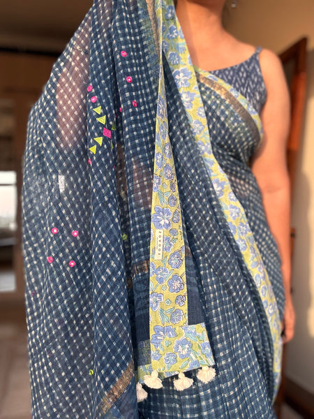 Best Seller Indigo -Embroidered pallu & patchwork inner border- kota doria saree