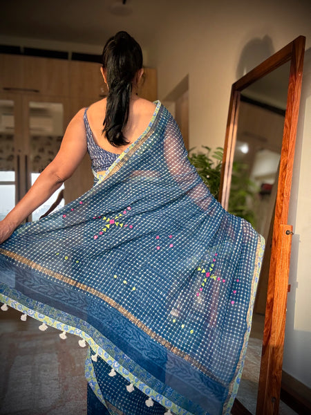 Best Seller Indigo -Embroidered pallu & patchwork inner border- kota doria saree