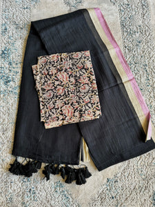 Plain Mul Cotton Saree - Black with border