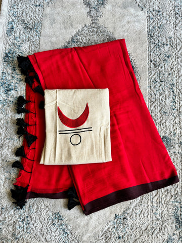 Plain Mul Cotton Saree - Red with embroidered Blouse
