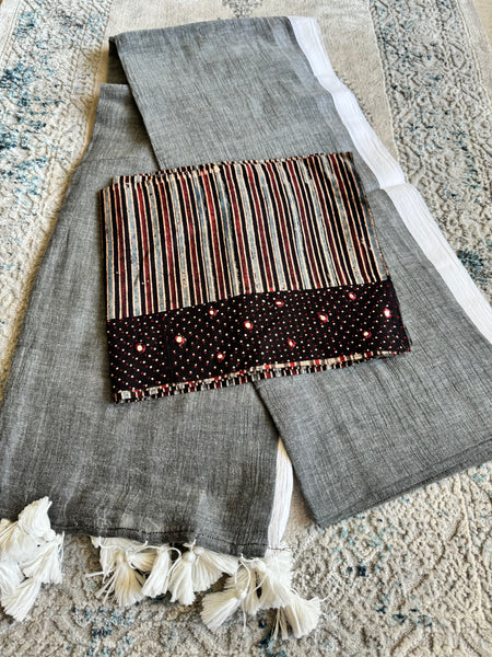 Plain Mul Cotton Saree - Grey with embroidery blouse