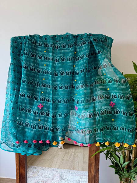 रंगमंच - Embroidered Pallu Kota Saree-  Dark Green
