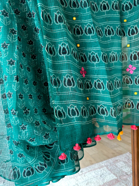 रंगमंच - Embroidered Pallu Kota Saree-  Dark Green