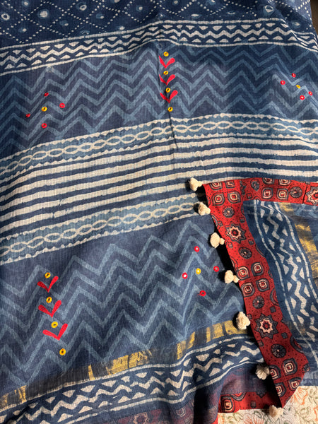 Best Seller Indigo -Embroidered pallu & patchwork inner border- kota doria saree