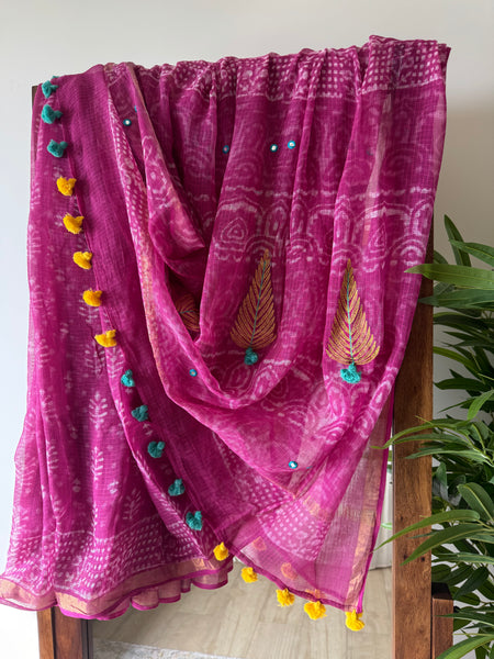 रंगमंच -Embroidered pallu Kota Saree - Bright Pink