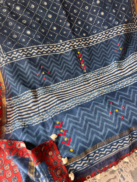 Best Seller Indigo -Embroidered pallu & patchwork inner border- kota doria saree