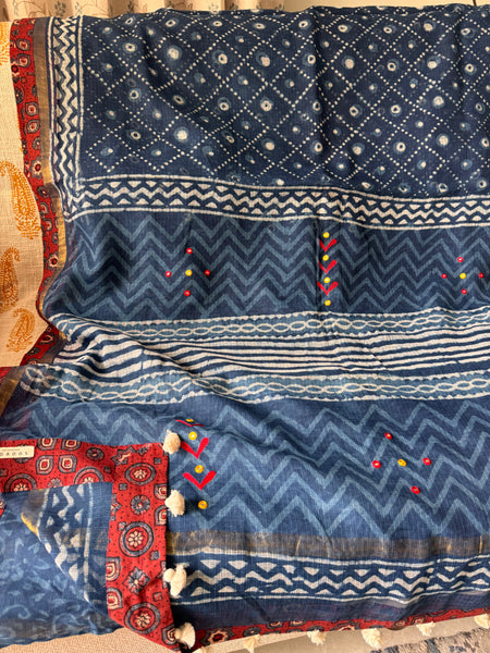 Best Seller Indigo -Embroidered pallu & patchwork inner border- kota doria saree
