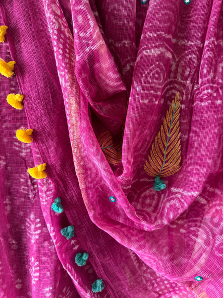 रंगमंच -Embroidered pallu Kota Saree - Bright Pink
