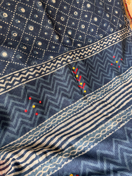 Best Seller Indigo -Embroidered pallu & patchwork inner border- kota doria saree