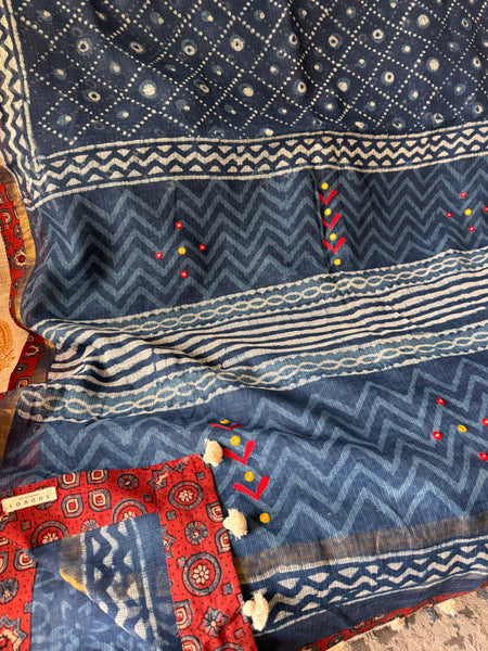 Best Seller Indigo -Embroidered pallu & patchwork inner border- kota doria saree