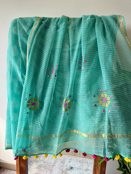 रंगमंच -Embroidered Pallu Kota Saree- Sea Green