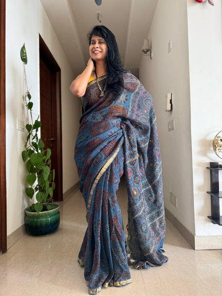 Ajrakh Block Printed Handwoven Linen Saree with Embroidery