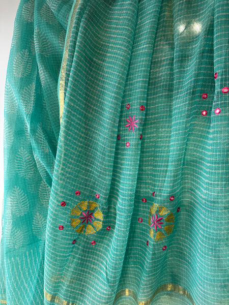 रंगमंच -Embroidered Pallu Kota Saree- Sea Green