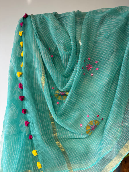 रंगमंच -Embroidered Pallu Kota Saree- Sea Green
