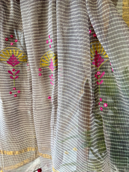 रंगमंच -Embroidered Pallu Kota Saree- Light Grey