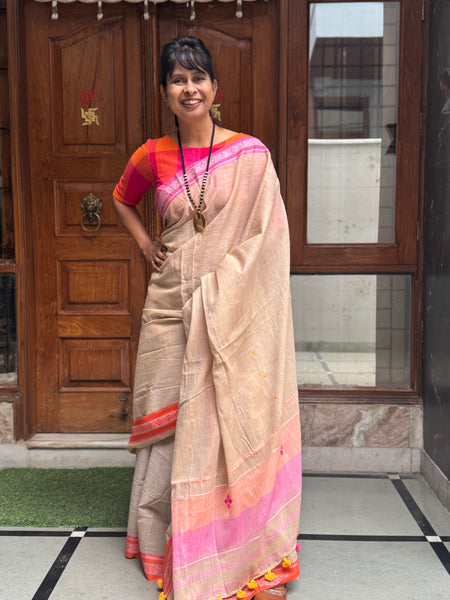 Woven Border Handloom Pure Cotton Saree With Embroidered Pallu