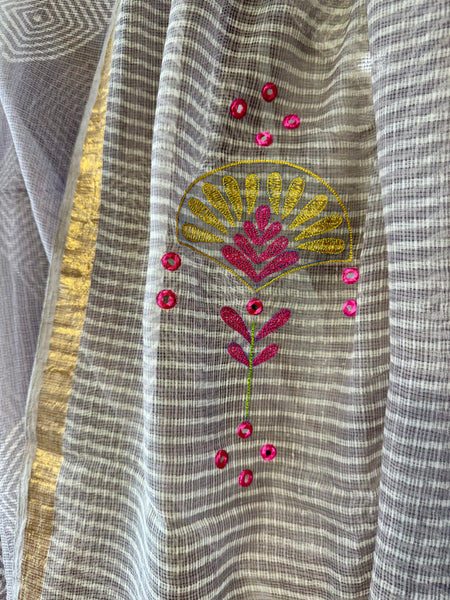 रंगमंच -Embroidered Pallu Kota Saree- Light Grey