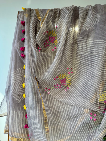 रंगमंच -Embroidered Pallu Kota Saree- Light Grey