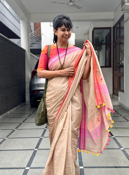 Woven Border Handloom Pure Cotton Saree With Embroidered Pallu