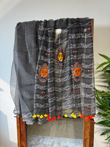 रंगमंच -kalamkari Patchwork Embroidered pallu - Dark Grey