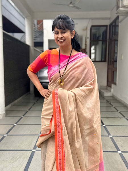 Woven Border Handloom Pure Cotton Saree With Embroidered Pallu