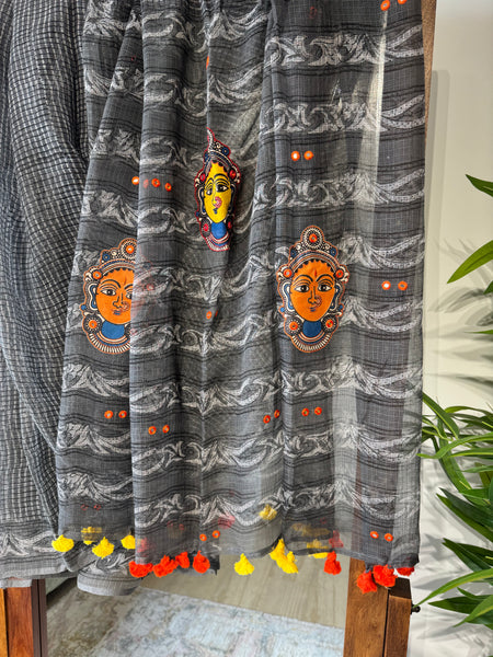 रंगमंच -kalamkari Patchwork Embroidered pallu - Dark Grey