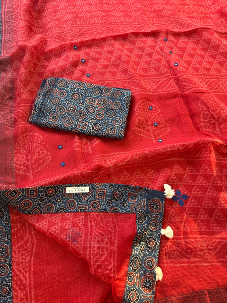 Best Seller - Embroidered pallu & inner side patchwork border- kota doria saree