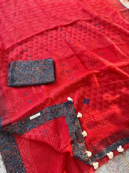 Best Seller - Embroidered pallu & inner side patchwork border- kota doria saree