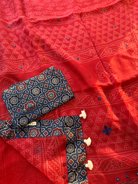 Best Seller - Embroidered pallu & inner side patchwork border- kota doria saree