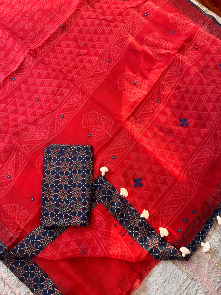 Best Seller - Embroidered pallu & inner side patchwork border- kota doria saree