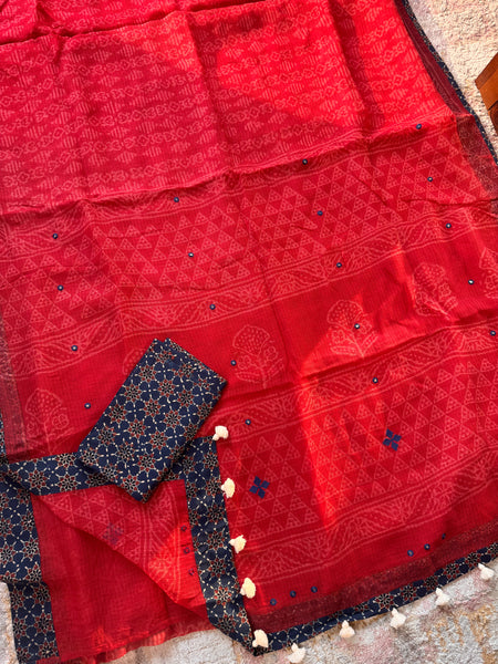 Best Seller - Embroidered pallu & inner side patchwork border- kota doria saree