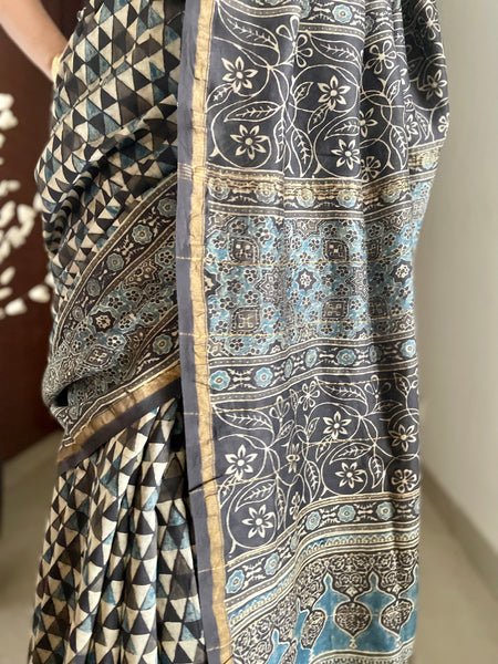 Ajrakh naturally dyed cotton silk saree