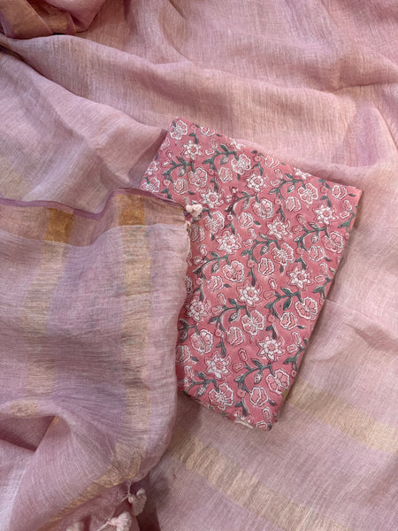 Handwoven on loom -  Pink Linen Saree